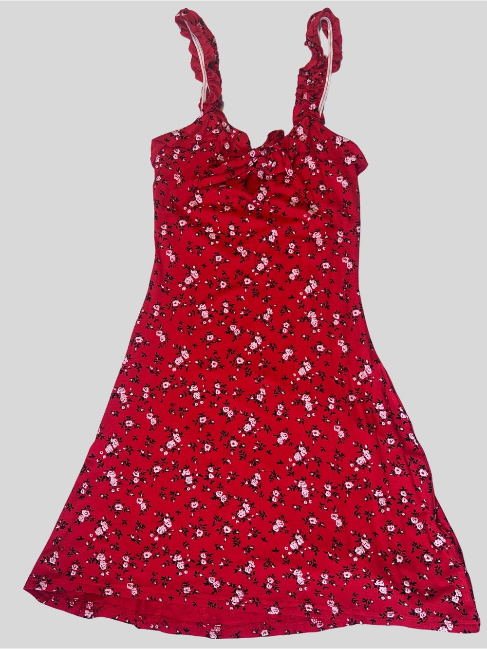 PrettyLittleThing Red Floral Ruffle Strap Slip Dress